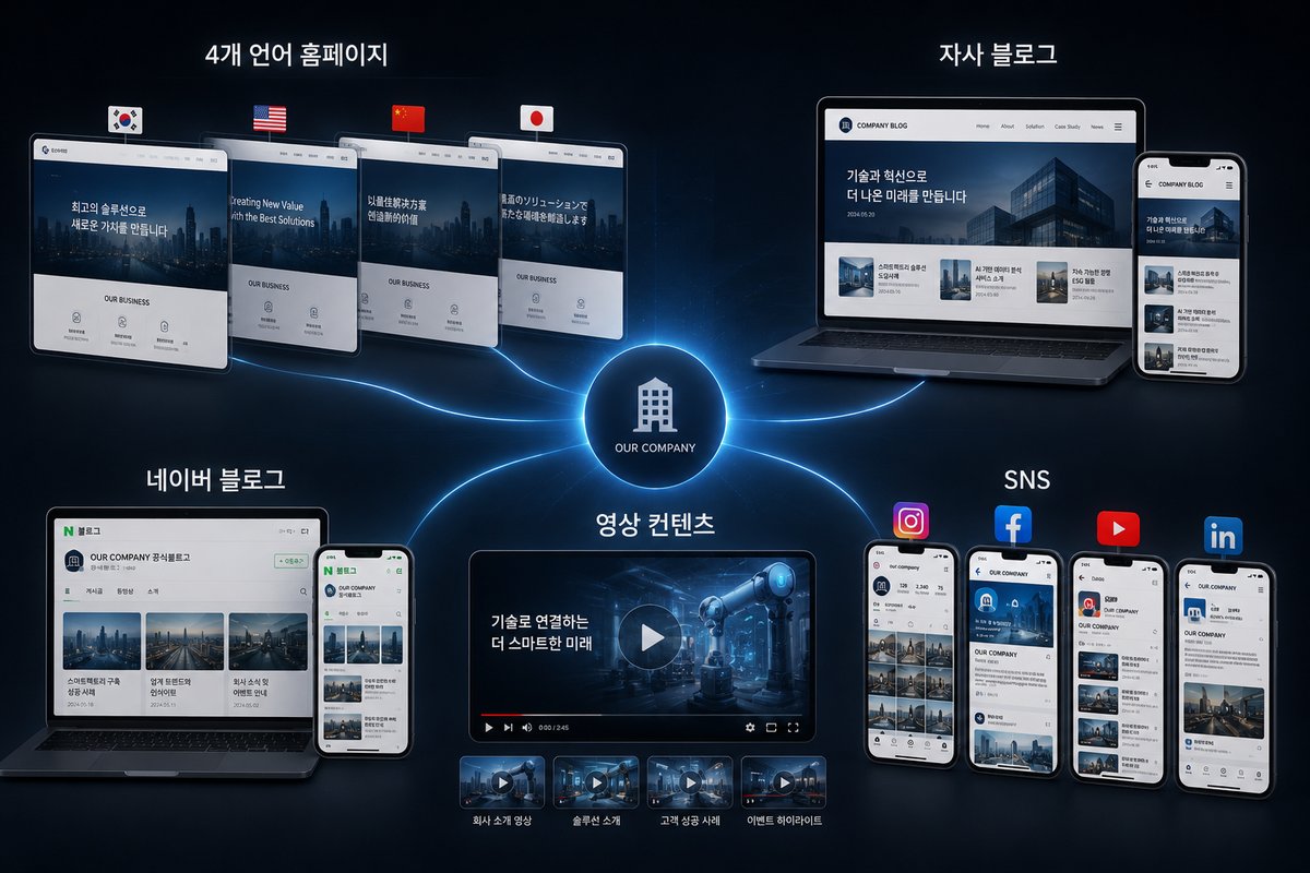 A scene where AI verifies company information from external sources (blog, video, press release, SNS)